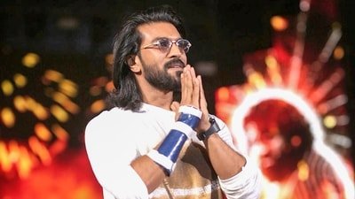 Ram Charan during the promotion of the upcoming film Peddi in Bhopal on Saturday. (PTI) Ram Charan during the promotion of the upcoming film Peddi in Bhopal on Saturday. (PTI)