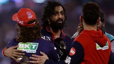 Royal Challengers Bengaluru allrounder Krunal Pandya being congratulated by teammates after his match-winning knock paved the way to victory over Mumbai Indians in Raipur on Sunday. (REUTERS)