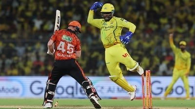 Chennai Super Kings' Sanju Samson celebrates after stumping out Sunrisers Hyderabad's Heinrich Klaasen. (REUTERS)