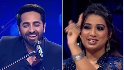 Shreya Ghoshal cheers for Ayushmann Khurrana as he performs on Indian Idol stage.