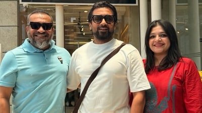 Tamil star Suriya with Malayalam actor Soubin Shahir and his wife, Jamia Zaheer.