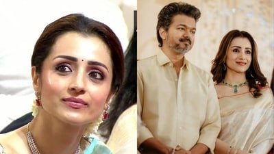 Trisha Krishnan wore blue to Vijay's CM swearing in ceremony.