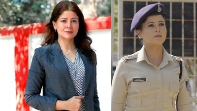 IPS officer Simala Prasad and (right) in the character of sub inspector in film The Narmada Story