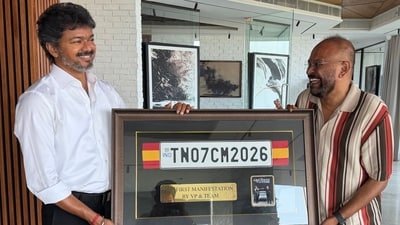 Vijay and Venkat Prabhu with the number plate from The Greatest of All Time.