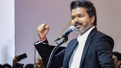 Tamil star and Tamilaga Vettri Kazhagam (TVK) chief C Joseph Vijay takes oath as Tamil Nadu Chief Minister during his swearing-in ceremony, at Jawaharlal Nehru Stadium. (PTI)