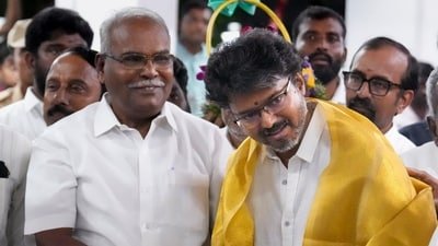 TVK chief Vijay being welcomed by CPI(M) Tamil Nadu state secretary P Shanmugam and senior party leaders during the former's visit to the CPI(M) headquarters, in Chennai. (PTI)