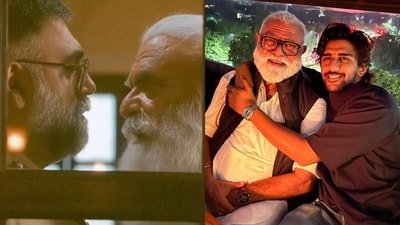 Lukkhe actor Yograj Singh in a still from the show, and with his son Victor