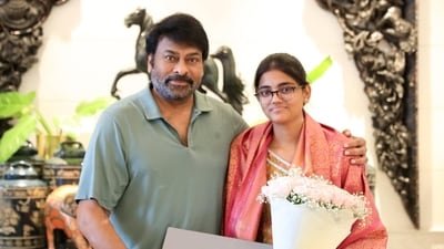 Chiranjeevi with M Rushi, who topped the TG EAPCET exam. Chiranjeevi with M Rushi, who topped the TG EAPCET exam.