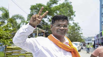 BJP candidate Debangshu Panda celebrates at Falta, in South 24 Parganas district, West Bengal. (PTI Photo) BJP’s ‘cherry on the cake’: How Falta repoll win reinforces saffron surge in West Bengal