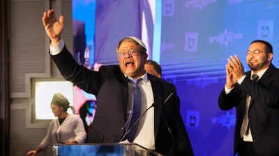FILE - Israeli far-right lawmaker Itamar Ben-Gvir gestures after election exit poll results are released at his party's headquarters in Jerusalem on Nov. 2, 2022. (AP Photo/Oren Ziv, File) France bans Israel minister Ben-Gvir over mocking detained Gaza flotilla activists