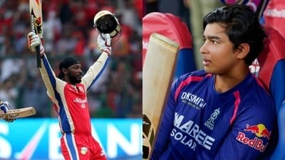Vaibhav Sooryavanshi, left, is chasing the Universe Boss, Chris Gayle (BCCI/AP) Vaibhav Sooryavanshi, left, is chasing the Universe Boss, Chris Gayle (BCCI/AP)