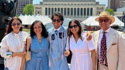 Juhi Chawla (extreme left), with son Arjun (middle) and husband Jay Mehta (right). Juhi Chawla (extreme left), with son Arjun (middle) and husband Jay Mehta (right).