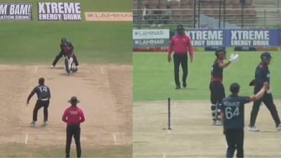 Nepal captain Rohit Paudel is given LBW in contentious circumstances vs USA. (Screengrab) Nepal captain Rohit Paudel is given LBW in contentious circumstances vs USA. (Screengrab)