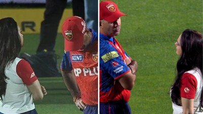 Ricky Ponting and Preity Zinta have a solemn conversation after PBKS' fifth consecutive loss. (Screengrab) Ricky Ponting and Preity Zinta have a solemn conversation after PBKS' fifth consecutive loss. (Screengrab)