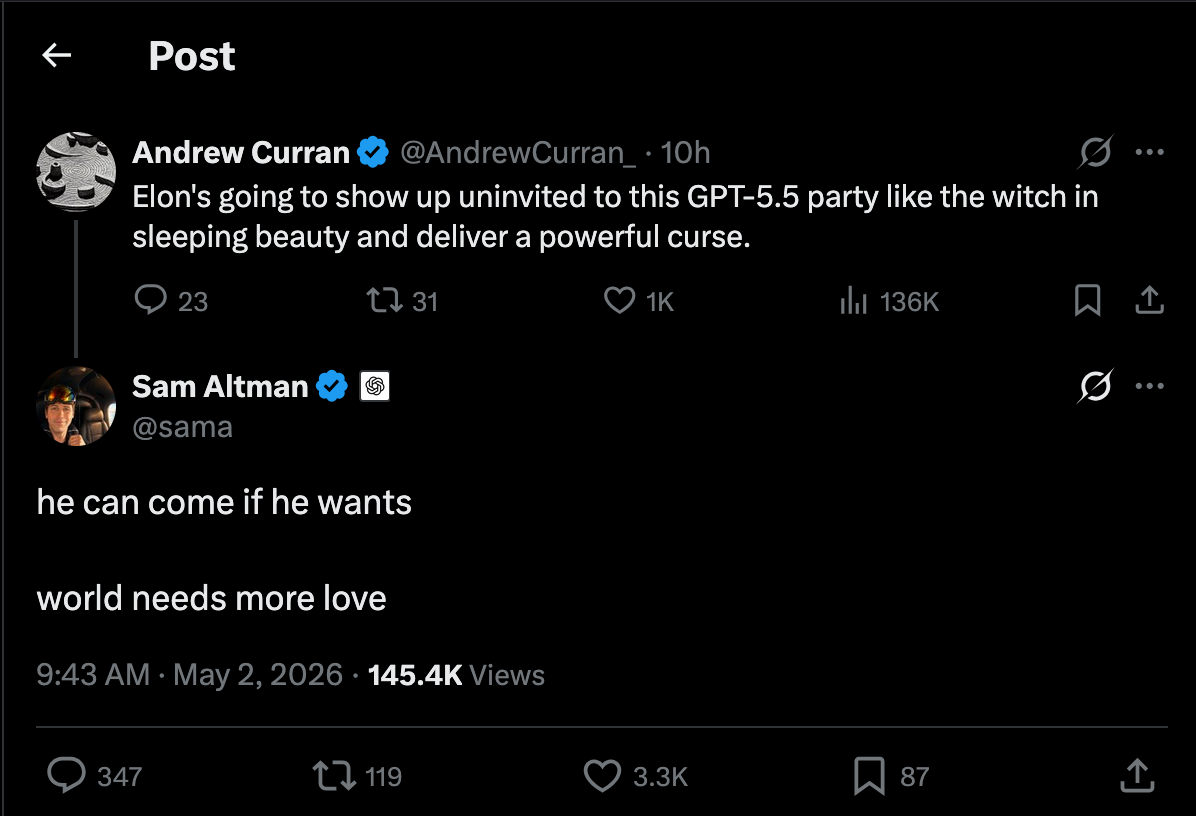 Sam Alman 'invites' Elon Musk to GPT 5.5 event