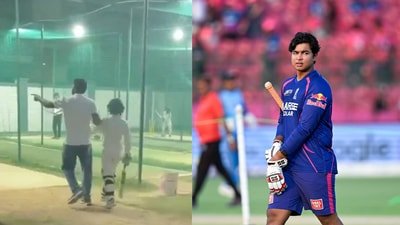 An older man drags a child into the nets to face bowlers despite the young batter's complaints. (ANI) An older man drags a child into the nets to face bowlers despite the young batter's complaints. (ANI)