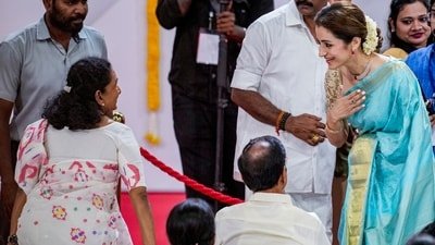 Actor Trisha Krishnan greets Tamilaga Vettri Kazhagam (TVK) chief C Joseph Vijay's mother Shoba Chandrasekhar during the TVK chief's swearing-in ceremony as Tamil Nadu Chief Minister. (PTI)