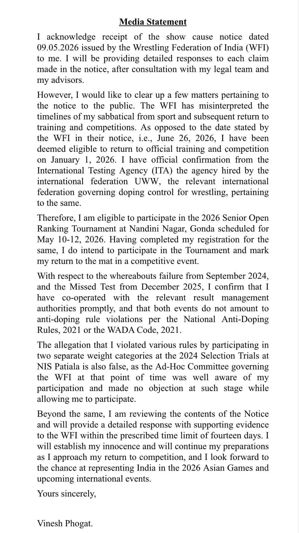 Vinesh Phogat statement