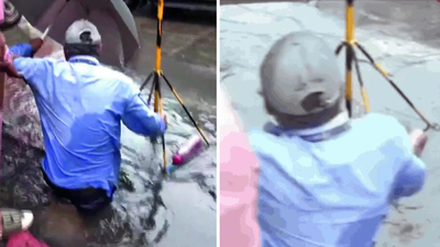 BMC staffer falls into open drain during Mumbai Mayor’s inspection at flooded King Circle