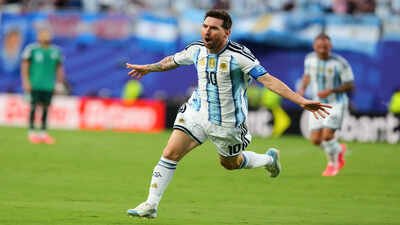 Argentina's Lionel Messi (10) celebrates after scoring the opening goal. (AP Photo) Lionel Messi scripts history, becomes only second player to score in five World Cups