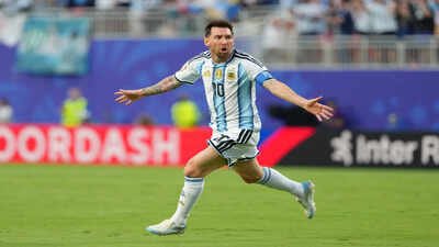 Argentina's Lionel Messi (10) celebrates after scoring the opening goal. (AP Photo) Lionel Messi scripts history with first FIFA World Cup hat-trick, equals Miroslav Klose's all-time goals record