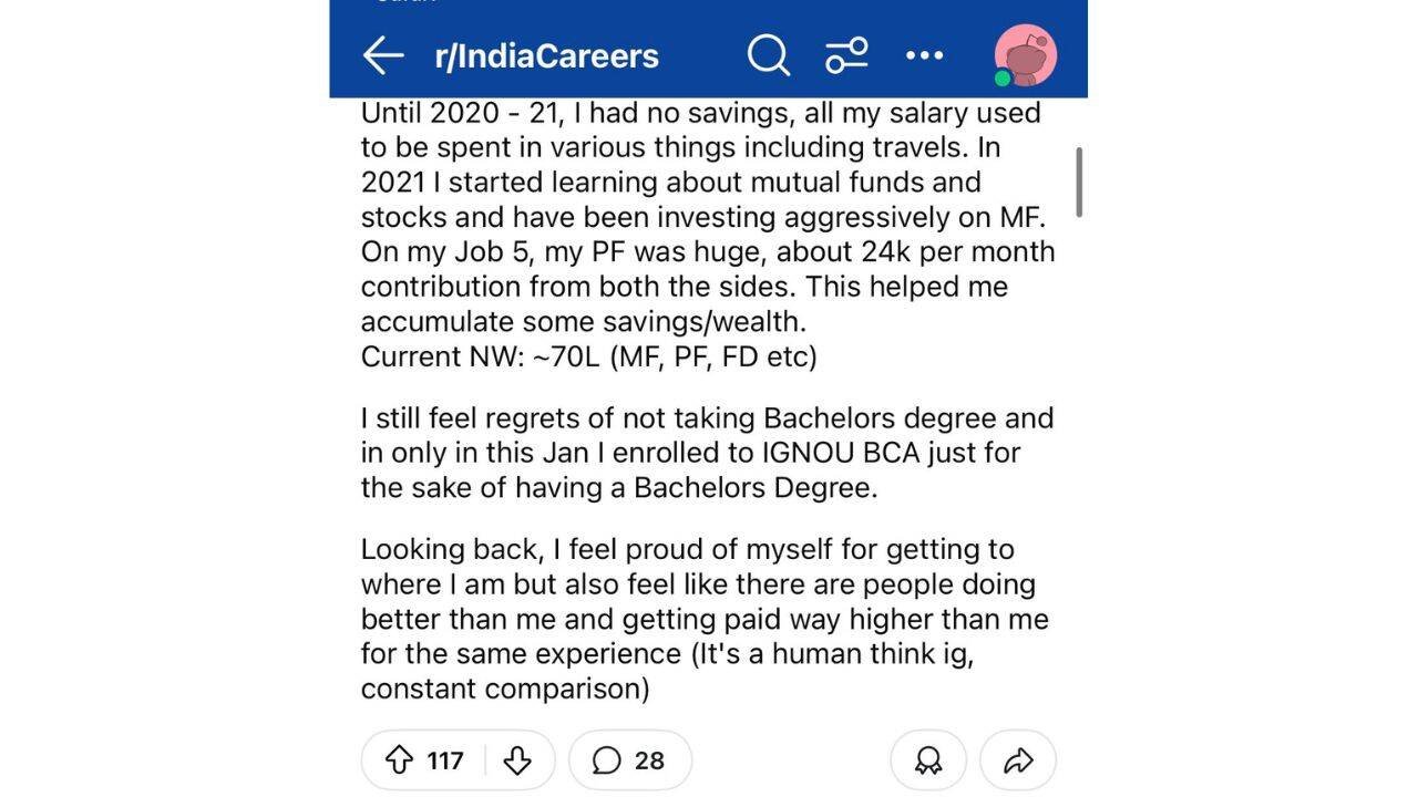 Started with ₹5,000 salary, now has ₹70 lakh net worth: Bengaluru techie reveals the one regret that still lingers