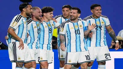 Argentina's Lionel Messi, second right, celebrates with teammates after scoring a goal. (AP Photo) FIFA World Cup schedule of the week (June 22-28, 2026): Messi's Argentina, Mbappe's France in focus as final dash for knockout spots begins