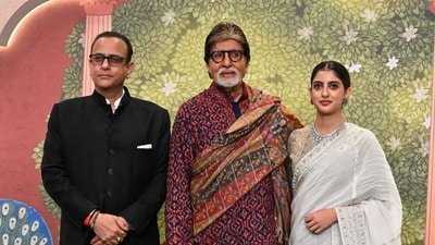Amitabh Bachchan with his son-in-law Nikhil Nanda and granddaughter Navya Naveli Nanda. (HT Photo)