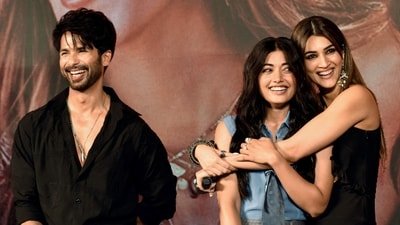 Shahid Kapoor, Kriti Sanon, Rashmika Mandanna during the trailer launch of their film Cocktail 2, in Mumbai. (ANI Photo) Shahid Kapoor, Kriti Sanon, Rashmika Mandanna during the trailer launch of their film Cocktail 2, in Mumbai. (ANI Photo)