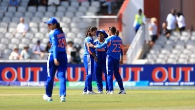 India's Deepti Sharma celebrates taking the catch of Bangladesh's Sobhana Mostary during the ICC Women's T20 World Cup cricket match between India and Bangladesh in Manchester (AP)