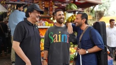 Akshay Kumar, Saif Ali Khan and Priyadarshan on the sets of Haiwaan.