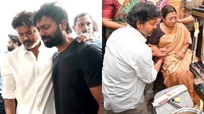 TN CM-actor C Joseph Vijay at K Bhagyaraj's funeral with Shanthnu and his mother.