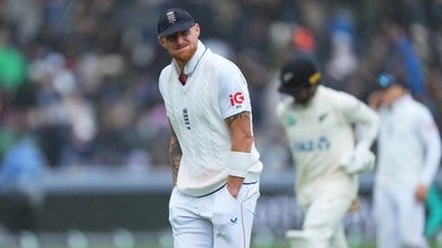 England's captain Ben Stokes reacts as he leaves the field after rain stopped play on the third day of the Test match between England and New Zealand (AP Photo/Kirsty Wigglesworth)
