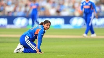India's Harmanpreet Kaur looks on. (Nigel French/PA via AP)