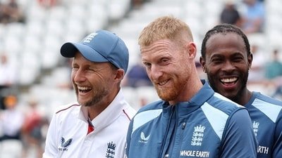 Ben Stokes and Joe Root react during the post match presentation ceremony. (Action Images via Reuters)