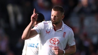 England's Gus Atkinson celebrates the wicket of New Zealand's William O'Rourke. (Action Images via Reuters)