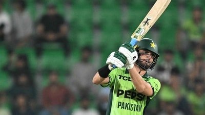 Pakistan's Shaheen Afridi plays a shot. (AFP)