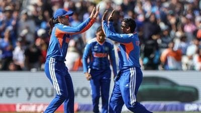 Deepti Sharma (R) and Smriti Mandhana celebrate during the match against Pakistan on Sunday. (AFP) Deepti Sharma (R) and Smriti Mandhana celebrate during the match against Pakistan on Sunday. (AFP)