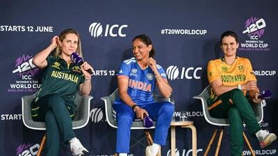 From left: Australia’s Sophie Molineux, India’s Harmanpreet Kaur and South Africa’s Laura Wolvaardt ahead of the World Cup. (AFP)