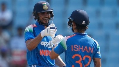 India's Ishan Kishan, right, celebrates his fifty runs with batting partner captain Shubman Gill during the second ODI match against Afghanistan (AP Photo/Manish Swarup) India's Ishan Kishan, right, celebrates his fifty runs with batting partner captain Shubman Gill during the second ODI match against Afghanistan (AP Photo/Manish Swarup)