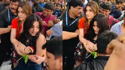 Kriti Sanon protects Rashmika Mandanna at Cocktail 2 event. Kriti Sanon protects Rashmika Mandanna at Cocktail 2 event.
