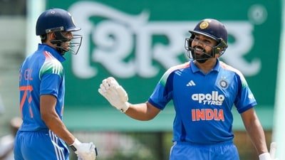 India's captain Shubman Gill, left, and Rohit Sharma during an ODI cricket match. (PTI)