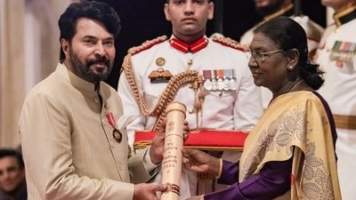 President Droupadi Murmu confers the Padma Bhushan to actor Mammootty during the second civil investiture ceremony, at Rashtrapati Bhavan, in New Delhi, Tuesday, June 23, 2026. (PTI Photo/Kamal Kishore)(PTI06_23_2026_000277B) (PTI) President Droupadi Murmu confers the Padma Bhushan to actor Mammootty during the second civil investiture ceremony, at Rashtrapati Bhavan, in New Delhi, Tuesday, June 23, 2026. (PTI Photo/Kamal Kishore)(PTI06_23_2026_000277B) (PTI)