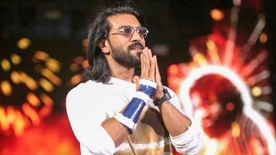 Peddi box office collection day 1: Ram Charan during the promotion of the film in Bhopal on Saturday. (PTI)