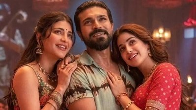 Shruti Haasan, Ram Charan, and Janhvi Kapoor in a still from the song Hellallallo from Peddi. Shruti Haasan, Ram Charan, and Janhvi Kapoor in a still from the song Hellallallo from Peddi.