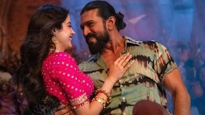 Janhvi Kapoor and Ram Charan in a still from Buchi Babu Sana's Peddi. Janhvi Kapoor and Ram Charan in a still from Buchi Babu Sana's Peddi.