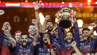 RCB team celebrates their IPL 2026 win in Ahmedabad on Sunday. (PTI)