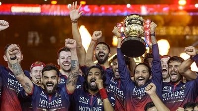 RCB team celebrates their IPL 2026 win in Ahmedabad on Sunday. (HT_PRINT)