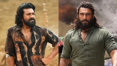 Ram Charan and Ranveer Singh in stills from Peddi and Dhurandhar.