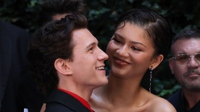 Zendaya and Tom Holland react during a photocall for Spider-Man: Brand New Day in a hotel in Madrid on June 15, 2026. (Photo by Thomas COEX / AFP) (AFP)